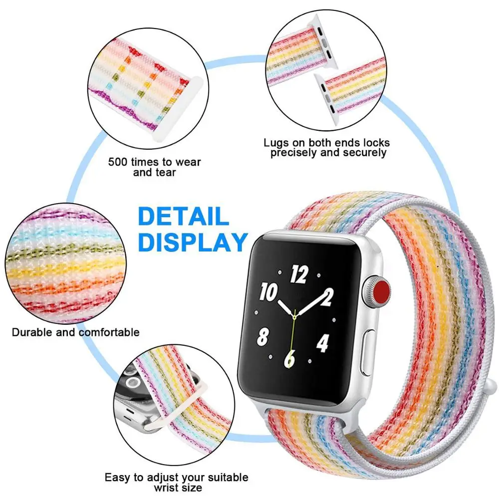 Ремешок для Apple Watch band Apple Watch 5 44мм 40мм iwatch 4 3 2 ремешок 42мм 38мм Спортивная петля Радуга Нейлоновая петля браслет ремешок для часов