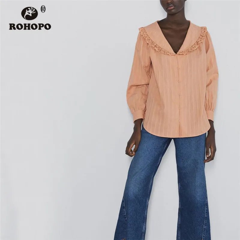 

ROHOPO Ruffled Collar Ribbed Vertical Orange Red Poplin Blouse Round Edge Solid Autumn Chiic Lantern Sleeve Top Shirt #9069