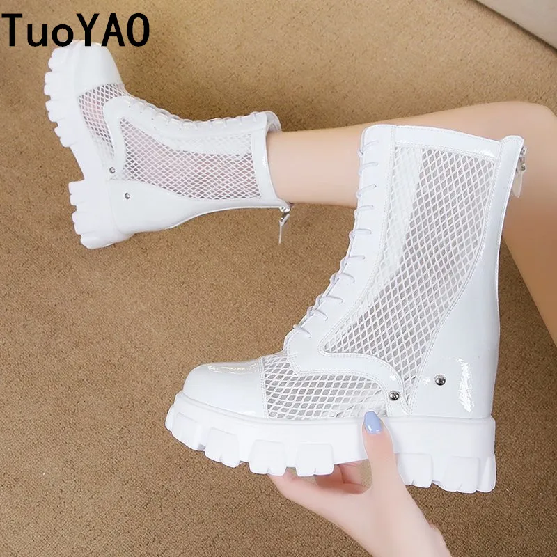 Botas de verano con aumento de altura para Mujer, botines de Mujer blandos con agujeros, color blanco y negro, 2021