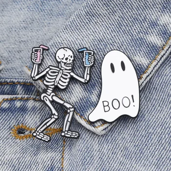 

Cartoon Skull Ghost Enamel Brooches Badges Drinking Skeleton BOO Punk Gothic Accessories Clothes Backpack Lapel Pins Friend Gift