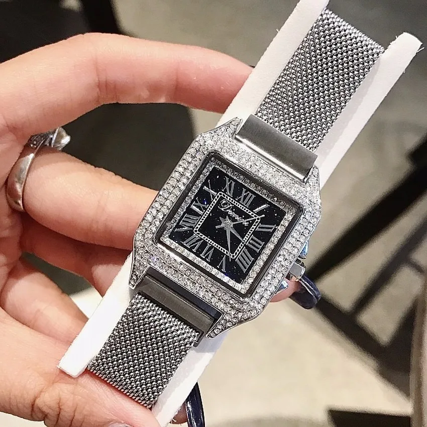 

Square Diamond Set Women's Stainless Steel Milan Suction Iron Mesh Belt WOMEN'S Watch Rome Star Fashion Ladies' Watch