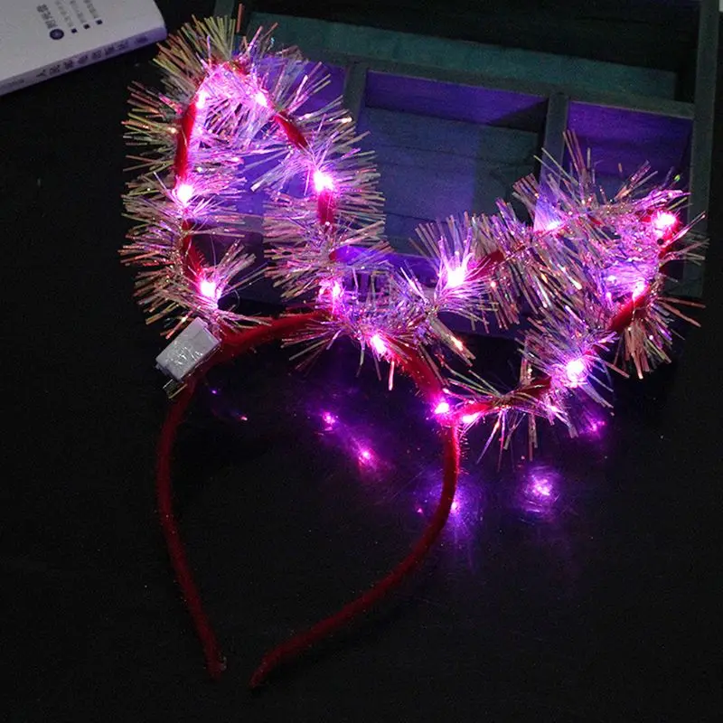 Women Girls Long Rabbit Ears LED Glow Headband Flashing Hair Hoop Fluffy Glitter Hologram Tinsel Christmas Holiday Party Costume