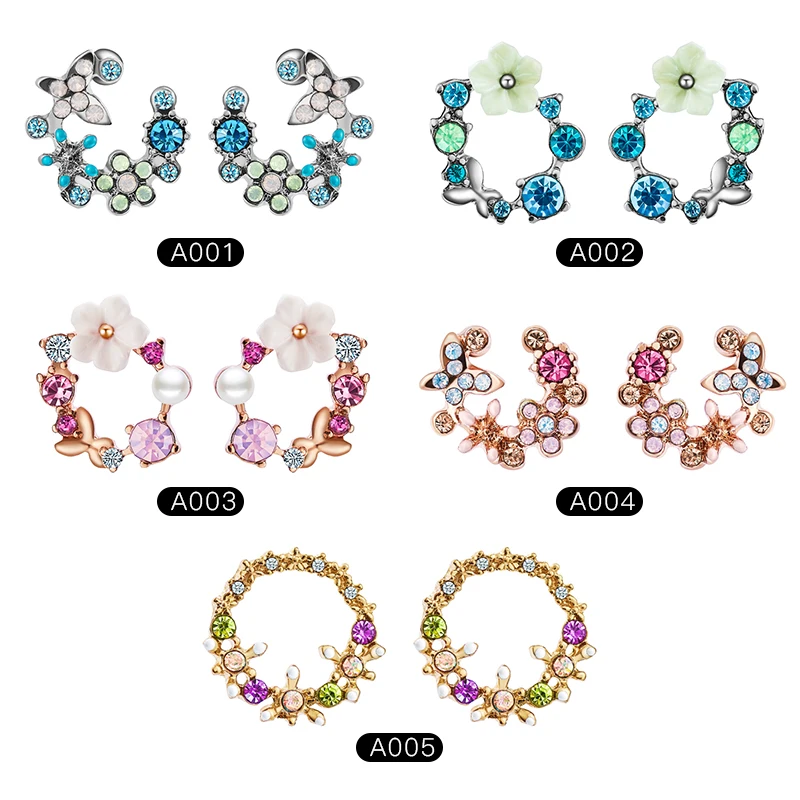 

QCOOLJLY Korean Colorful Rhinestone Wreath Stud Earrings For Women Sweet Flower Shell Small Circle Brincos Jewelry Gift