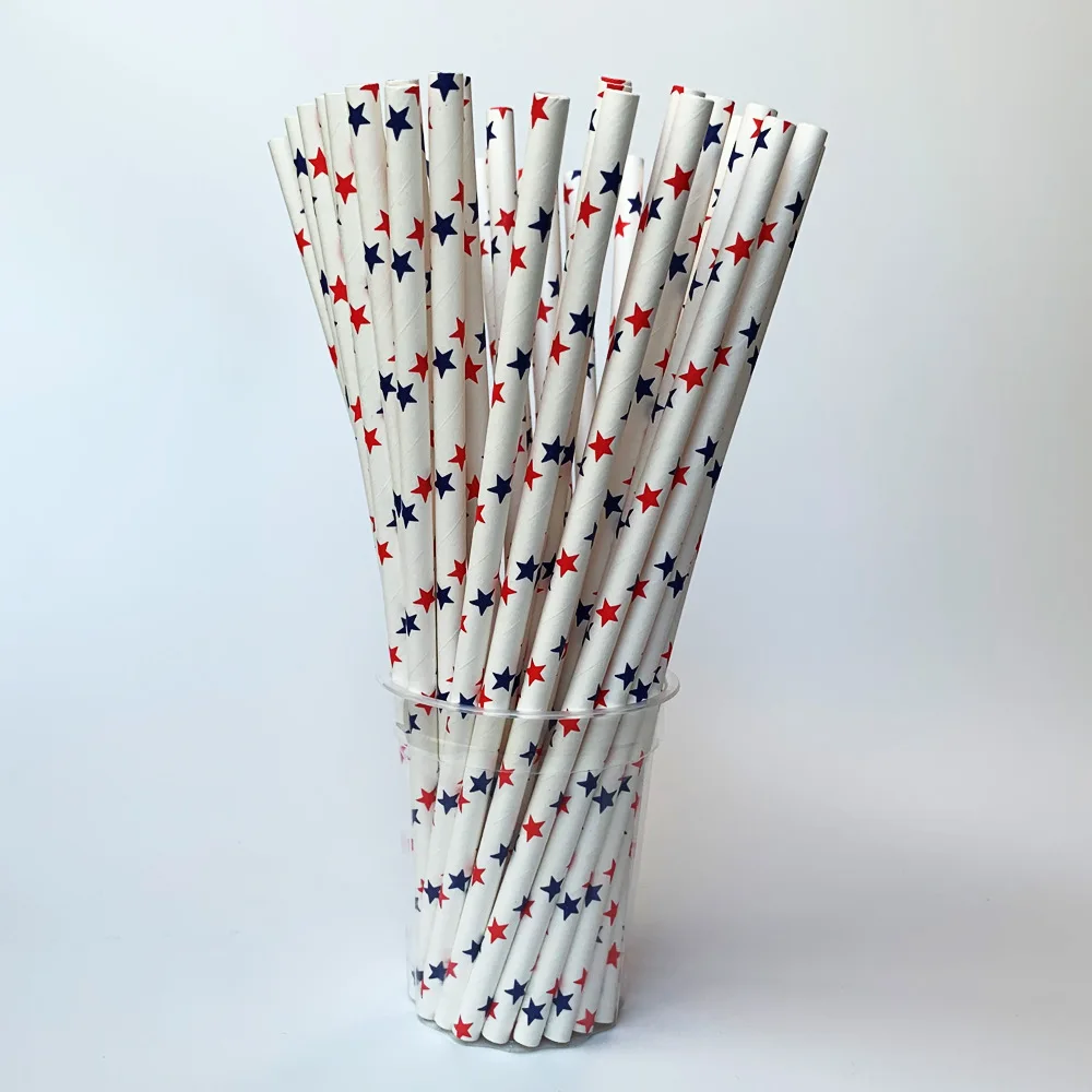 Party supplies disposable straw independent day red blue star stripes paper straw 25pcs/pack