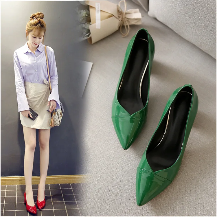 

2018 New Style Autumn Patent Leather WOMEN'S Shoes Red High Heel Shoes Pointed Toe Chunky Heel Shoes Green Leather Shoes Women's