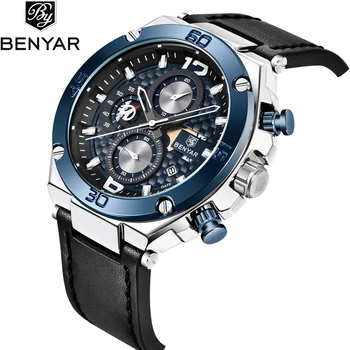 

BENYAR Men Top Luxury Watch Analog Chronograph Wristwatch Auto Date Quartz Male Wrist Watch leather Band Clock