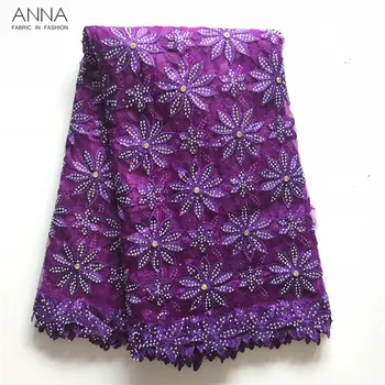 

Anna Purple Nigerian Guipure Lace Fabric With Stones And Rhinestones Whater Soluble Embroidered African Net Lace Fabrics 5 Yards