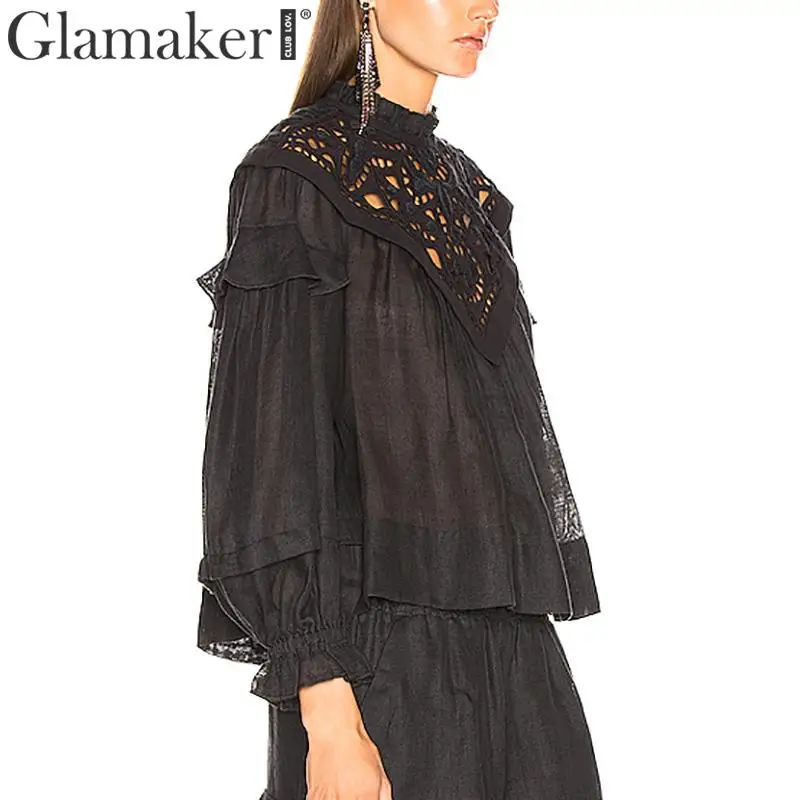 Glamaker, сексуальная открытая Блузка с оборками, рубашка, женская элегантная блузка с рукавом-фонариком, осенняя женская мода, Черная Женская рубашка, топы