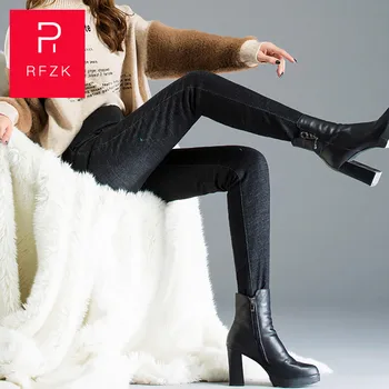 

Rfzk Winter Pants Women Outer Pants Duck Down Velvet High Waist Skinny Warm Pants Female Black Elastic Waist Long Jeans Women