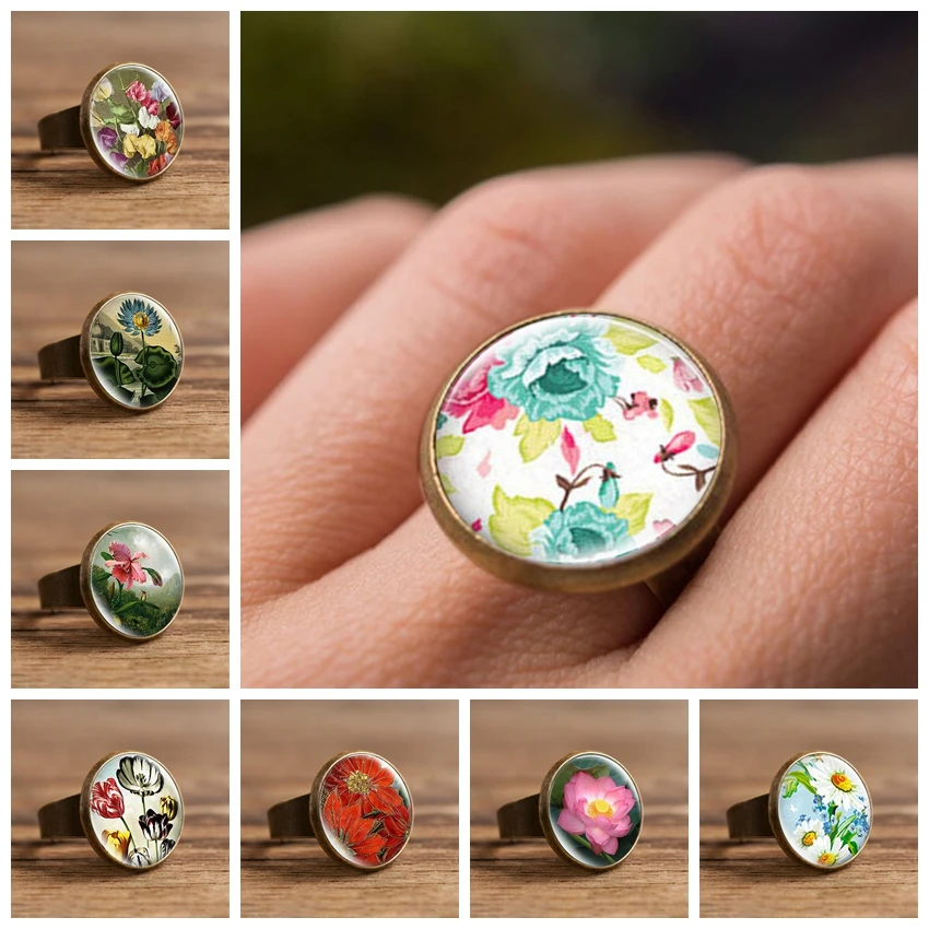 

Fashion Beauty Colorful Flowers Narcissus Tulip Poppy Glass Cabochon Rings Resizable Jewelry Hand Craft Round Rings Accessories