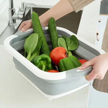 

Folding Cutting Board Basket Collapsible Dish Tub with Draining Plug Colander Fruits Vegetables Wash Drain Sink Storage