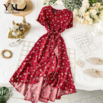 

YuooMuoo Vintage Flower Print Red Party Dress Fashion Sashes Bandage Irregular Long Dress 2020 Summer Women Elegant Maxi Dress
