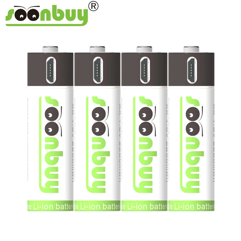 

soonbuy 4PCS AA 1.5 v1500mAh capacity 2250mwh li-polymer Li-ion battery with rechargeable lithium battery USB+USB cable