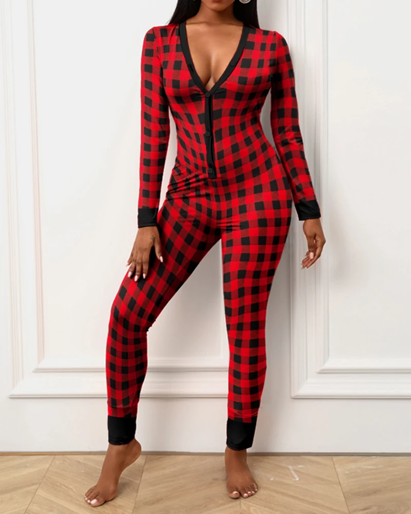 

Fall Warm Woman Homewear Functional Buttoned Flap Plaid Adults Pajamas One Piece Sleepwear Tights Jumpsuit Female Long Pants