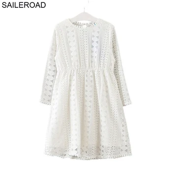 

SAILEROAD Girls Long Sleeve Dress for Autumn Children Lace hollowed-out Dress Juvenile School Girls Casual Dress 4-15Years