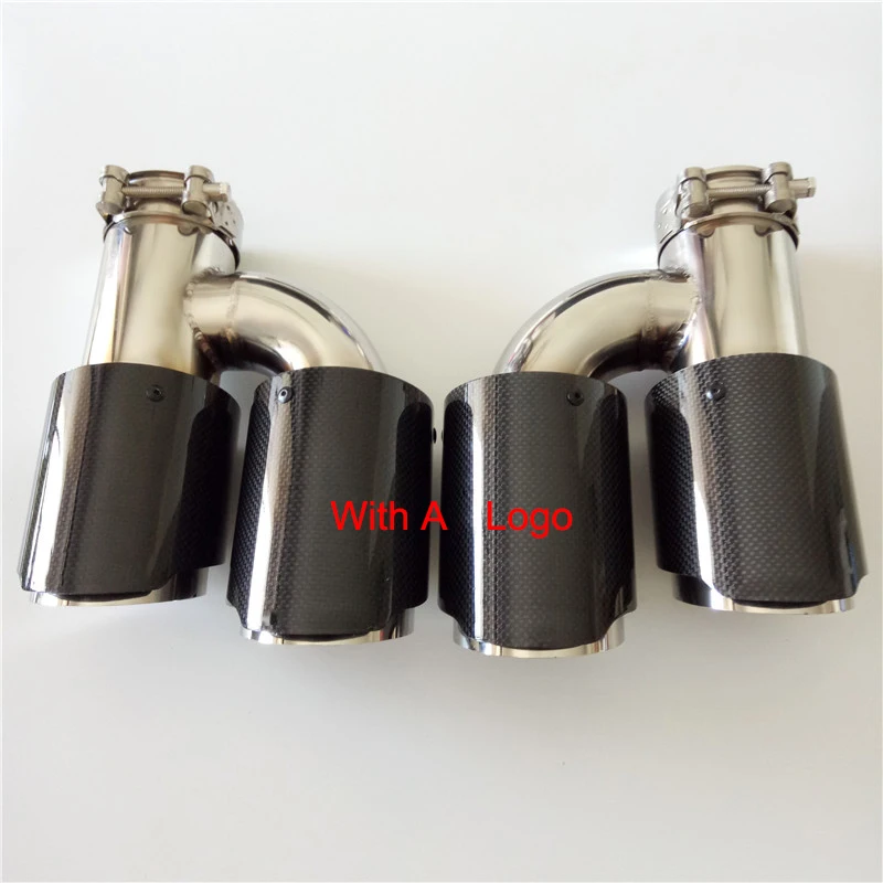 2PCS H Style Universal Dual  Glossy Carbon Fiber Exhaust Tip Stainless Steel Modified Exhaust Tip With A Logo
