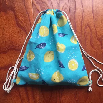 

Cotton Linen Eco Drawstring Backpack Book Shoes Sorted Bag Lemon Blue Base YILE