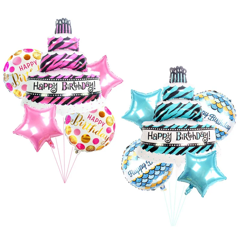 

5pcs Blue Pink Large Cake Happy Birthday Foil Balloons for Baby Kids Birthday Party Decorations Inflatable Air Balls