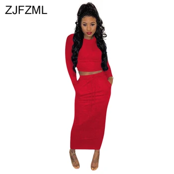 

Plus Size Solid Color 2 Piece Set Tracksuit Women Clothes O Neck Long Sleeve Crop Top +Bandage Maxi Skirt Autumn Winter Outfits