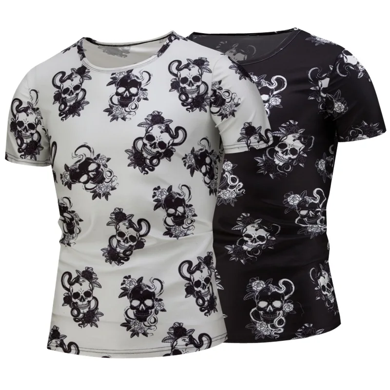 

2019-Short Sleeve Skull Code Printed T-shirt Fashion Casual Versatile Crew Neck Slim Models