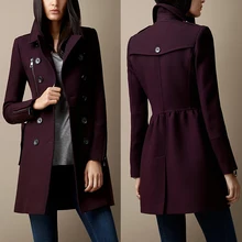 Европейское женское Шерстяное теплое длинное пальто красное фиолетовое женское двубортное шерстяное пальто на молнии осенне-зимний кашемировый шерстяной костюм
