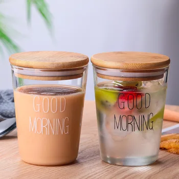 

2pcs Good morning glass breakfast cup Japanese style simple glass milk cup transparent juice drink cup with lid