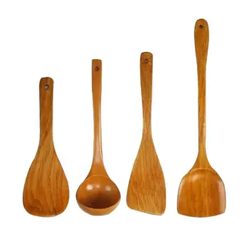 4pcs/set Health Bamboo Wood Wok Shovels  Slotted Spatula Spoon Mixing Holder Cooking Utensils Dinner Kitchen Shovels Supplies