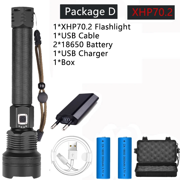 Package D 8000лм супер яркий тактический Водонепроницаемый фонарь, XHP50 и XHP70.2 светильник-вспышка с 4 режимами, светильник для кемпинга, аккумулятор 16850 - Испускаемый цвет: Package D