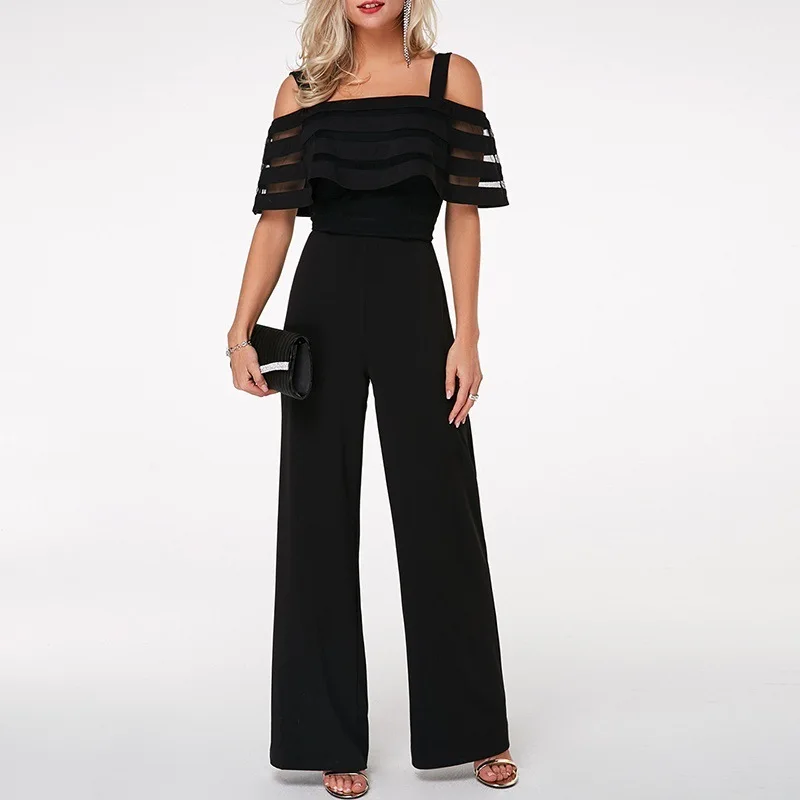 Plus Size Long Wide Leg Romper Overlay Embellished Black Strappy Cold Shoulder Jumpsuit Loose Solid Jumpsuit