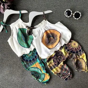 

Girls' Sling Set Ethnic Wind Chiffon Children's Clothing Set Green Orange Summer Kids Suit