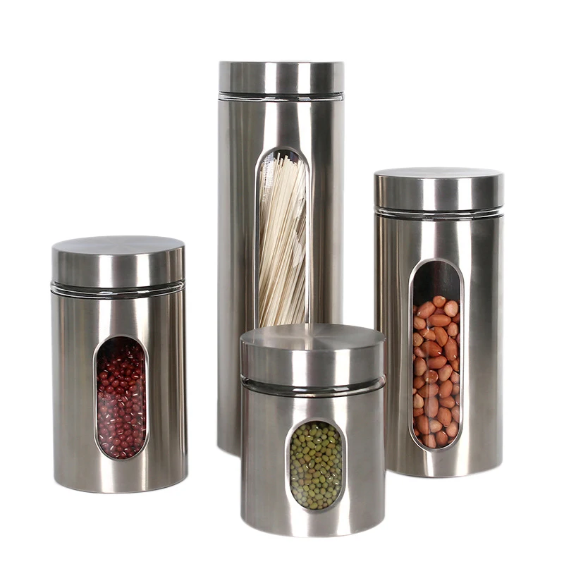 

4 Pcs Stainless Steel Canister Set Visible Storage Tanks Sealed Cans Multi-Grain Cans Tea Cans Food Storage Cans Kitchen Supplie