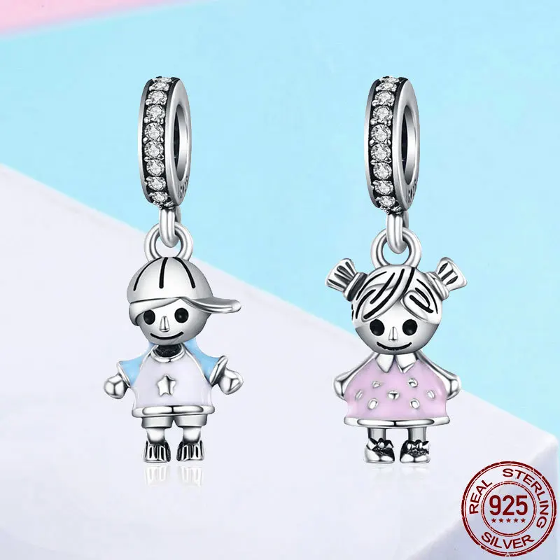 

HOT SALE Authentic 925 Sterling Silver Charm Boy and Girl Pendant Charm fit Original s925diy Charm Bracelet Fine Silver Jewelry