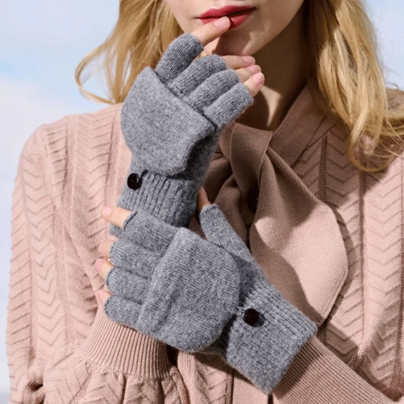 

Unisex Winter Warm Wool Gloves Solid Color Black Grey Knitted Flip Fingerless Exposed Finger Gloves Mittens Glove for Women Men