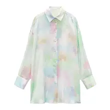 New Woman Women's Clothing Fashion All-match Lapel Long Sleeve Tie-dyed Vertical Loose Shirt Top  Womens Shirts