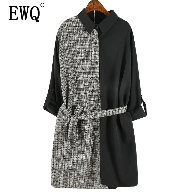 

[EWQ] 2019 Spring Autumn New Pattern Stand Collar Long Sleeve Hit Collar Patchwork Single Breasted Vintage Dress Women AH50500