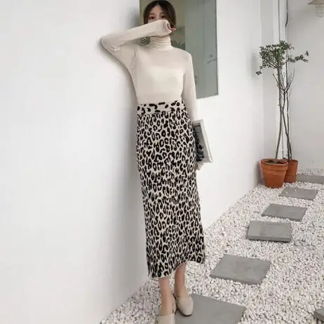 Леопардовая Длинная женская юбка 2020 Осенняя винтажная Высокая талия облегающая