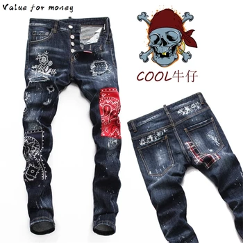

European top mens jeans famous jeans luxury Men straight denim trousers Patchwork Slim blue jeans Pencil Pants for men