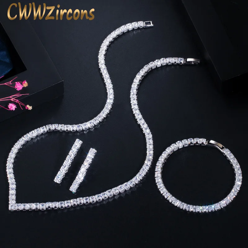 

CWWZircons Classic Princess Cut Cubic Zircon Women Wedding Necklace Earring Bracelet 3 pcs Jewelry Sets for Brides Party T410