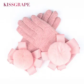 

Warm Winter Cashmere Gloves for Women Elegant Wool Gloves with Rabbit Fur Ball Female Driving Gloves Touch Screen Fingers Grey