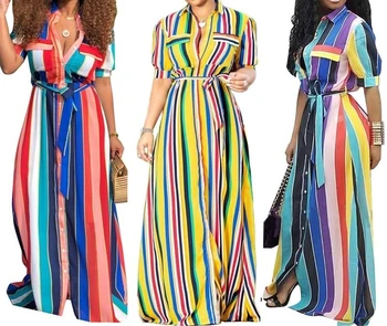 

Sexy Dresses Boho Colorful Striped Printed Womens Dresses V Neck Short Sleeve Shirt Dress Elegant Loose Long Maxi Dress Vestidos