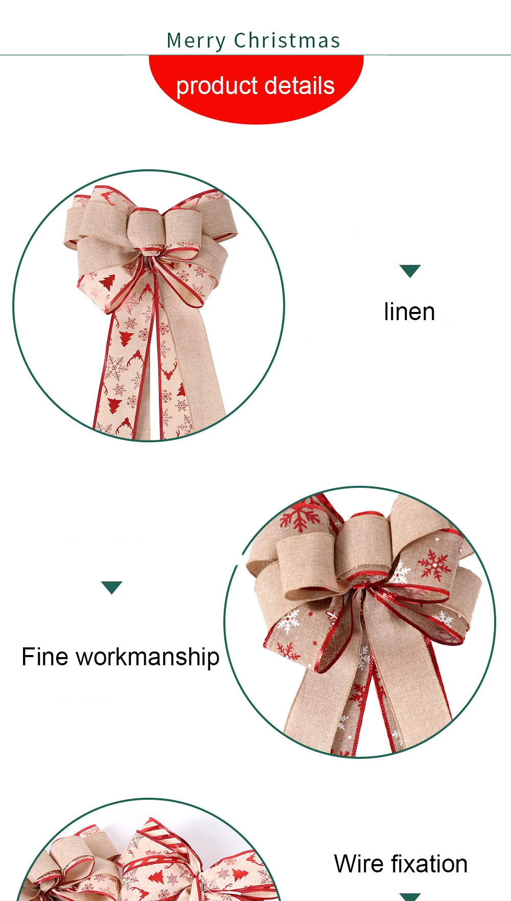 Description Picture 4 of item46*28cm Double Layer Linen Bow Christmas Bow-knot Christmas Tree Decorations Maple Leaf Striped Snowflake Khaki Bow Decor
