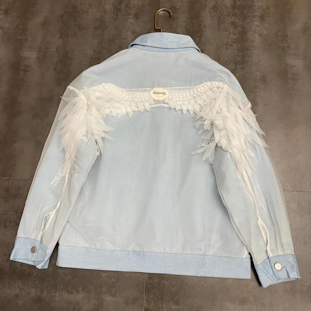 Novedad de Chaqueta vaquera lavada de hilo de malla con alas de plumas en la espalda abrigo corto mujer 0502 - AliExpress Mobile