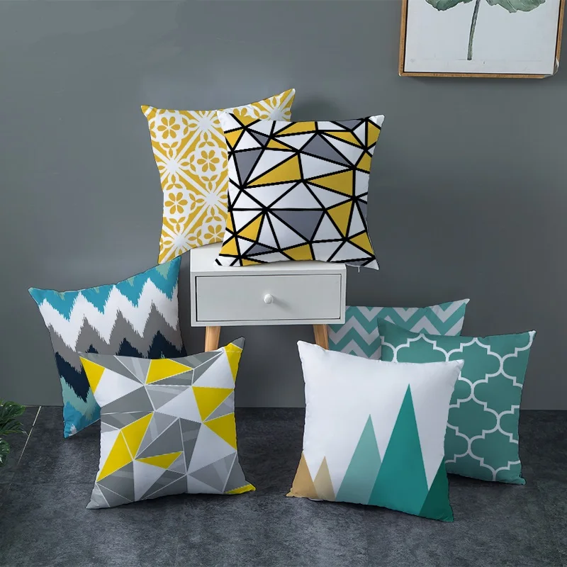 

Geometric Yellow Plaid Style Stripes Print Short Plush Pillow Case For Home Chair Sofa Decoration Pillowcases Winter 45cm*45cm