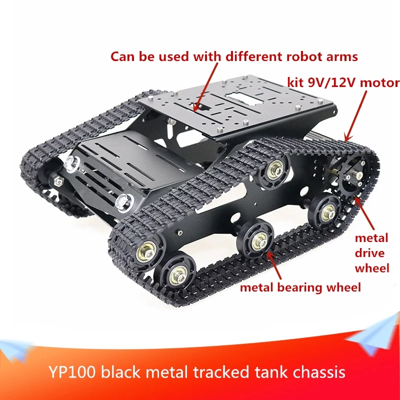 YP100 Black Metal Tracked Tank Chassis with Aluminum Alloy Frame Robot Arm Interface Hole Can be Used with Different Robot Arms
