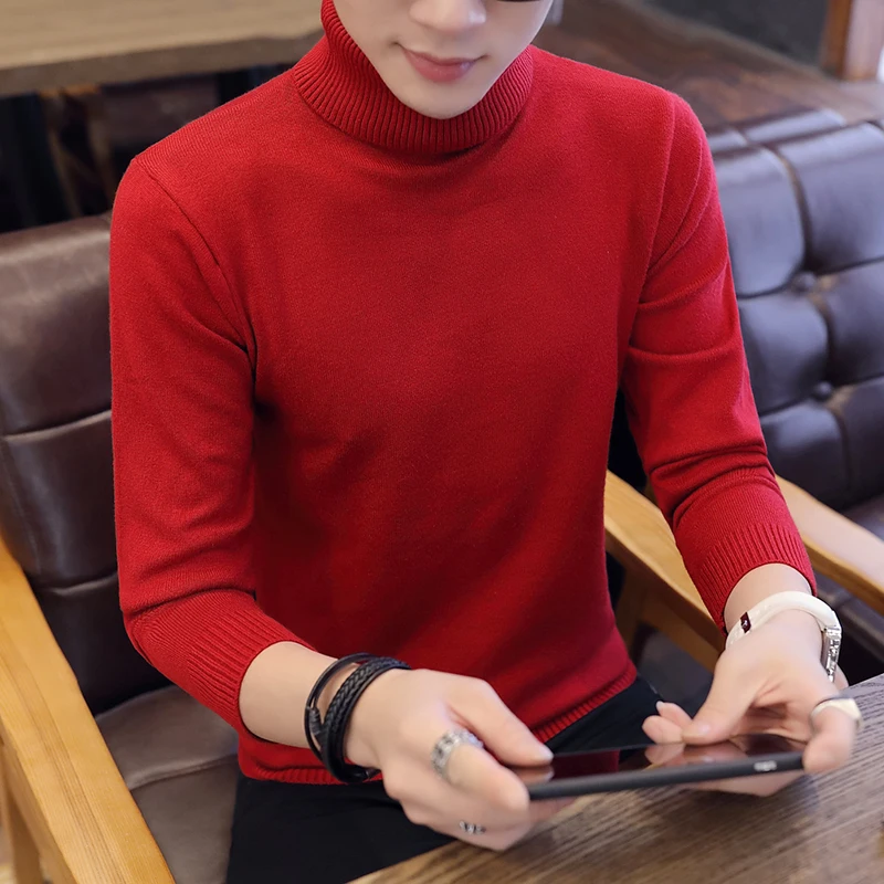 Men Turtleneck Sweater Autumn Winter Solid Color Casual Sweater Men's Slim Fit Knitted Pullovers Bottoming Jumper