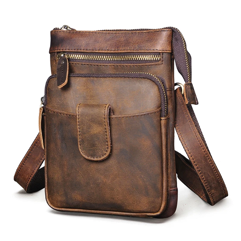 Thick Crazy Horse Leather Male Design One Shoulder Messenger bag Fashion Hook Belt Fanny Waist bag Pack Summer Small Phone 6549