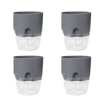 

4Pcs 26.4 x 23.5 x 23.5cm 2 Tiers Creative Storing Water Self Watering Garden Planter Modern Flower Pot - Grey + Transparent
