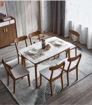 

Marble Dining Table Solid Wood Base Desk Nordic Light Luxury Simple Modern Chair Combination