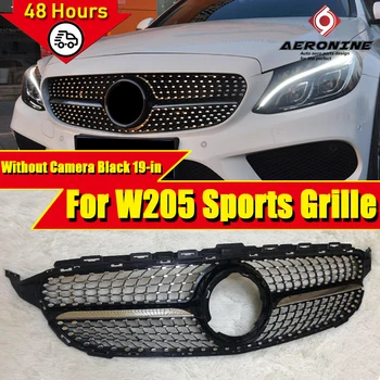

For Mercedes W205 C205 C Class Sports Grille Grill Grills Diamond Style without Camera ABS Gloss Black Direct Replacement 19-in