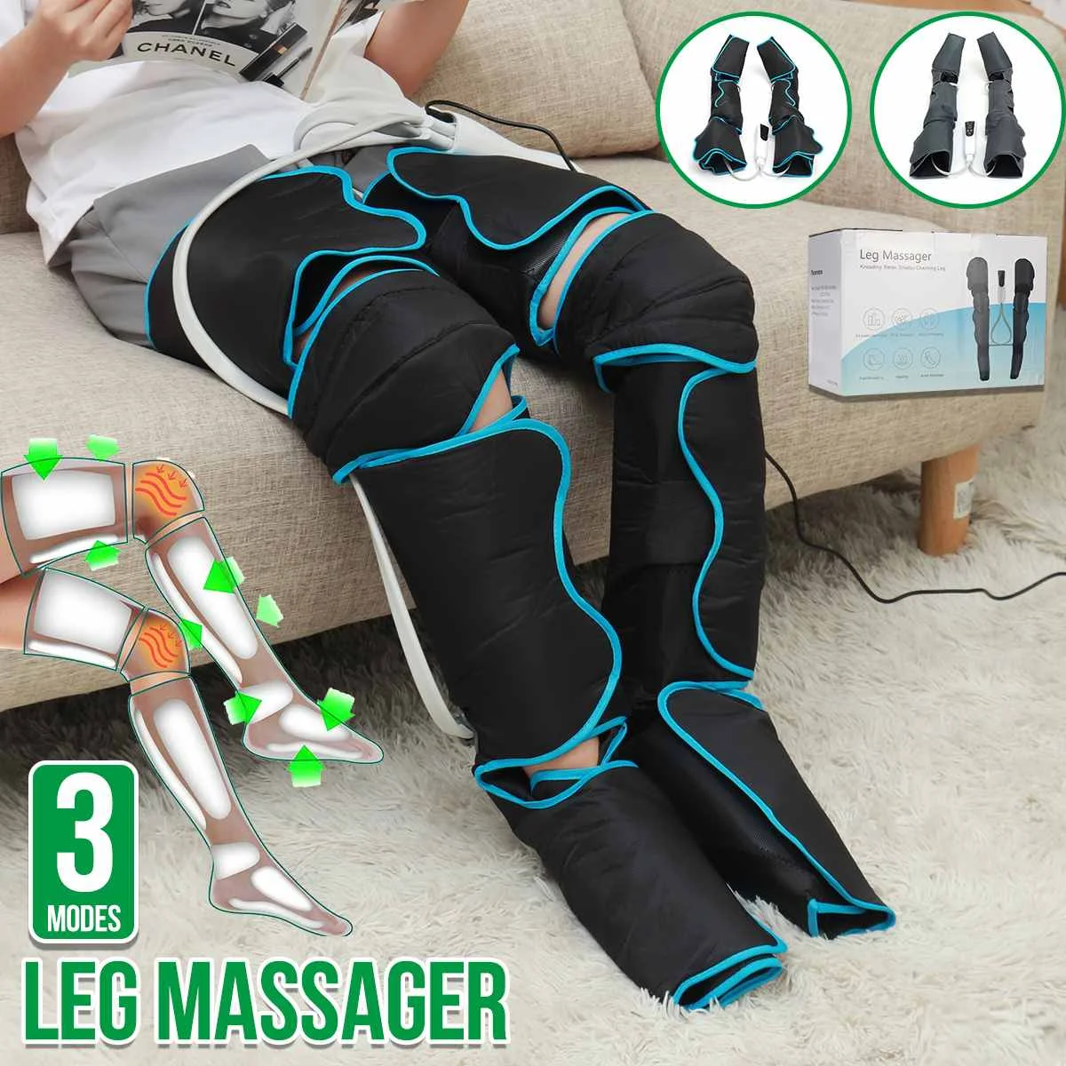 Electric Air Compression Leg Massager Pneumatic Foot and Calf Heated Air Wraps Handheld